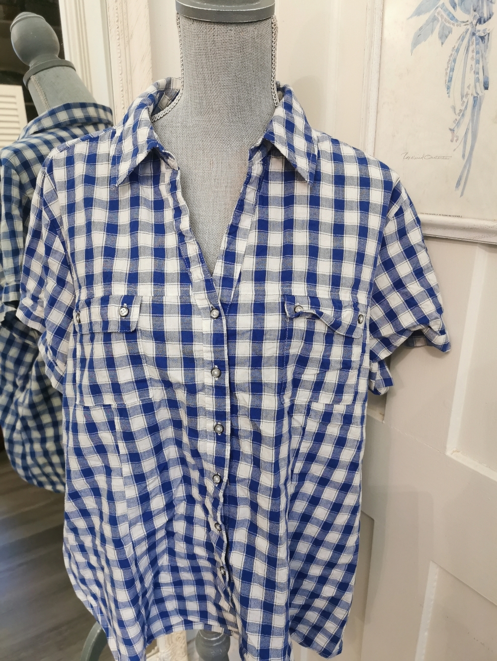 Womens Riders by Lee Easy Care Bohowestern Cowgirl Blue Check Plaid Shirt. 1X